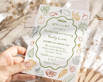 Farmers Market Bridal Shower Invitation: Hand-Drawn Fruits & Veggies (Editable Template)