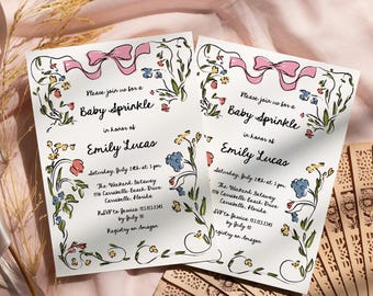 Pink Bow Floral Baby Sprinkle Invitation: Hand-Drawn Colorful Wildflower Garden Template