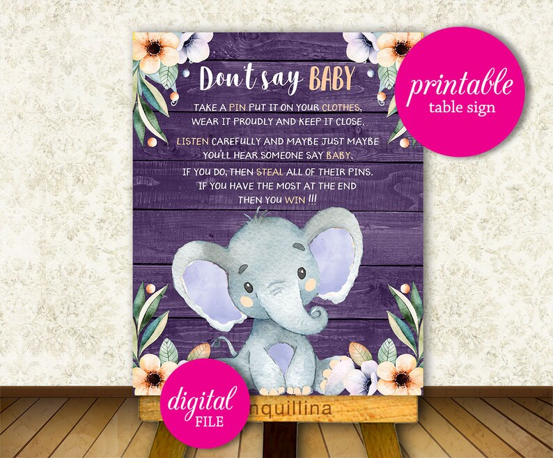 Don't Say Baby Sign Elephant Baby Shower Game PRINTABLE | Etsy