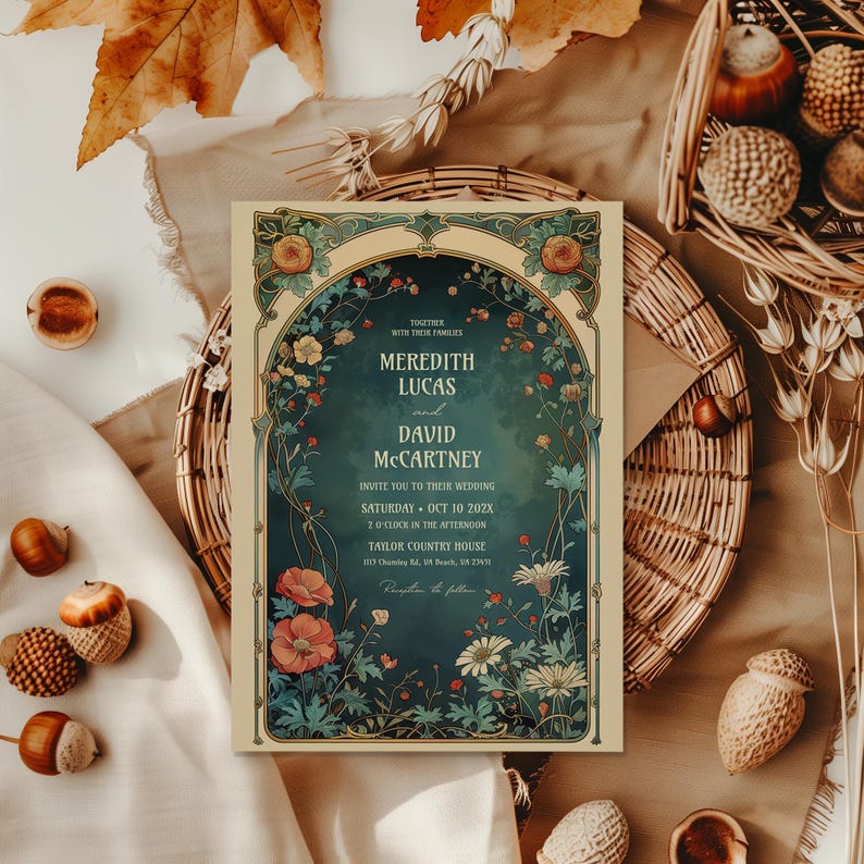 Digital wedding invitation template featuring an ornate gold Art Nouveau frame inspired by Alphonse Mucha, decorated with watercolor illustrations of vintage wildflowers and elegant lilies on a green background.
