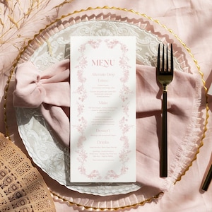 Chinoiserie Wedding menu card Pink toile baby shower menu template, vintage Floral bridal shower menu, Baptism, Birthday menu cards
