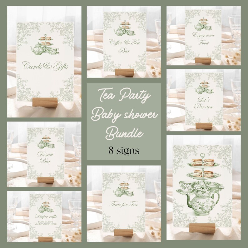 Teacup Raffle Sage Green Chinoiserie Tea Party Baby Sprinkle Invitation (editable ...