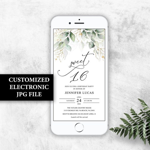 Electronic Birthday Invitation Sweet 16 Invitations Greenery Etsy