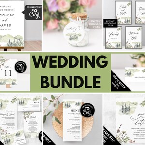 Mountain wedding invitation bundle Boho forest wedding invite set, wildflower wedding decor, Woodland wedding bundle