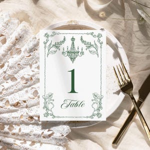 Vintage Table Numbers Botanical garden wedding table decor, Victorian Regency wedding decoration, Green floral table numbers