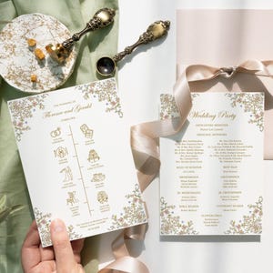 Programa de boda floral Cronología de la boda Orden de eventos con iconos, Itinerario de boda estilo chinoiserie barroco, Tarjeta de eventos de boda vintage