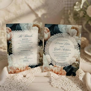 Moody Floral Wedding Invitation Template, Dark Blush Pink Botanical Invite, Gothic Lace Vintage Garden Party Wedding Invite Card