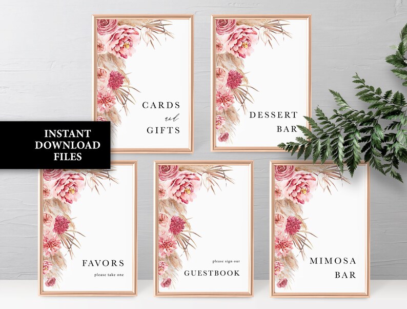 Pampas wedding invitation boho tropical wedding invite printable, Spring summer pink floral Beach wedding invitation suite image 7