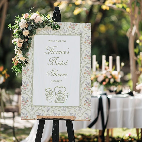Tea Party Bridal Shower Welcome Sign: Green Pink Floral Vintage Garden Party decor (Template)