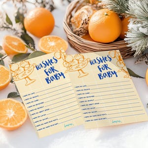 Tarjeta de deseos de bebé con cítricos, juego de baby shower Ciao dibujado a mano, tema italiano mediterráneo CBG, deseos de naranjas para bebé niño
