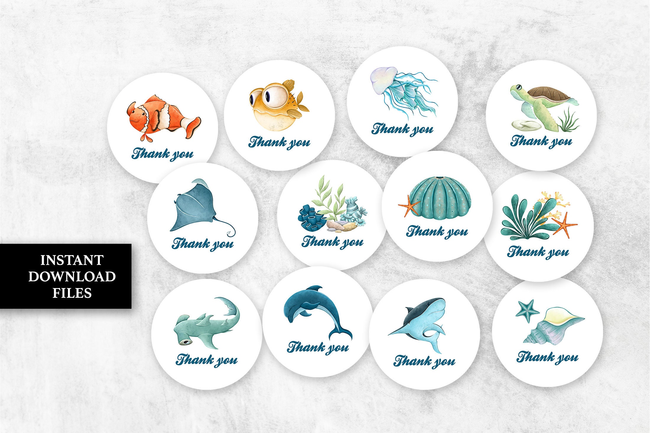 Under the sea Thank you favor tags Ocean creatures birthday Thank you Tags stickers PRINTABLE baby shower gift bag tags