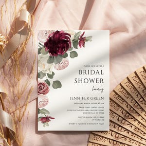 Burgundy Bridal shower invitation sage green pink floral bridal shower invite eucalyptus, Garden roses bridal shower invitation template