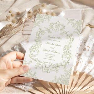 Blumenkamm Save The Date Karte Grünes Blumen-Vintage Barocke Hochzeit, Chinoiserie Save the Date, Royal Victorian Regency Hochzeit Thema