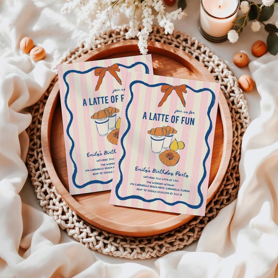 Coffee Birthday Invitation: Pink stripes, Hand-Drawn Brunch Invite (5x7in Editable Template)