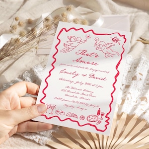 That&#39;s Amore Engagement party invitation Hand drawn Italian Engagement invite, Cupid Pasta Wine Pizza Engagement dinner party invite