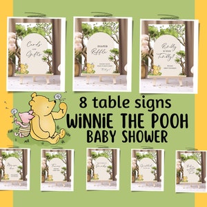 Winnie the pooh baby shower signs Bundle Classic Vintage Pooh bear shower decor 8 Table signs, Neutral Boy or girl baby shower decorations