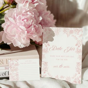 Tarjeta y letrero con idea para una noche de cita Letrero con frasco para la fecha de la despedida de soltera en toile rosa, Tarjetas para una noche de cita Juego de despedida de soltera con motivos florales chinoiserie