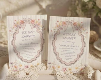 Invitación para despedida de soltera con estampado floral en tonos pastel, plantilla para fiesta de primavera vintage con lazo de encaje y coqueta.