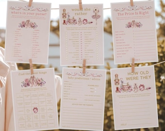 12 Sugar Plum Baby Shower Games Bundle | Pink Christmas Ballet Nutcracker Ballerina Party Activity Template