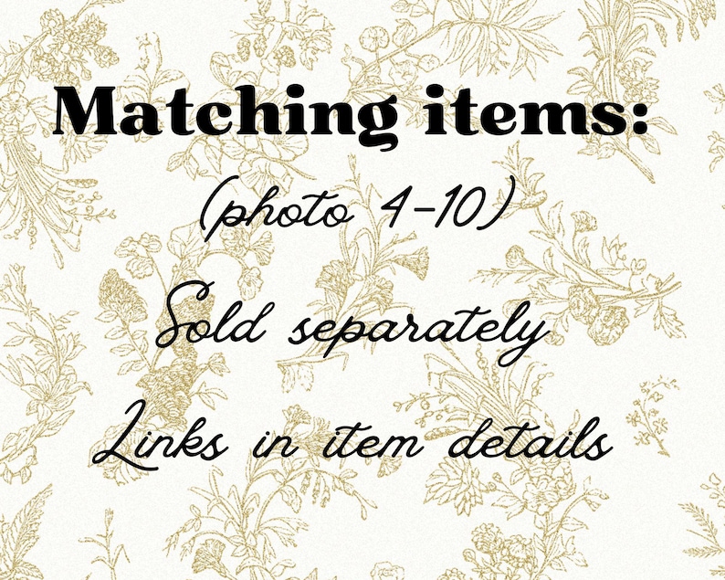 Może przedstawiać: Kremowe tło z powtarzającym się złotym wzorem linii botanicznych. Tekst brzmi: Matching items: (photo 4-10) Sold separately Links in item details. Projekt składa się z r&oacute;żnych ilustracji kwiat&oacute;w i liści.