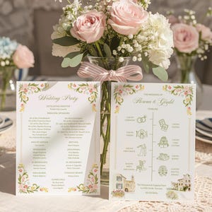 Pastel Floral Wedding Timeline Program: Watercolor Tuscany Italian Villa, Order of Events