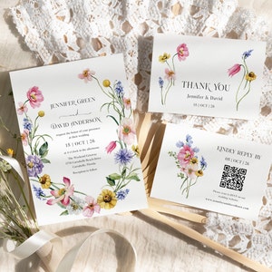 Wildflower wedding invitation floral wedding invite template, spring summer boho wedding invitation suite