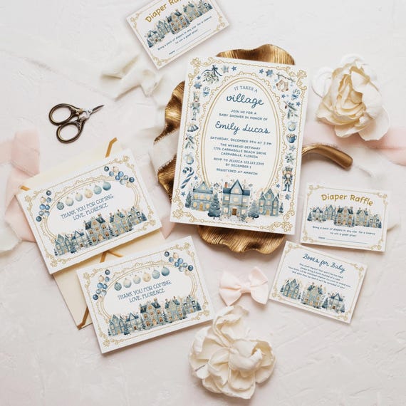 → View on Etsy: It takes a village Baby Shower Invitation Set: Gold Blue Vintage Christmas Theme, Boy Winter Invite It takes a village Baby Shower Invitation Set: Gold Blue Vintage Christmas Theme, Boy Winter Invite