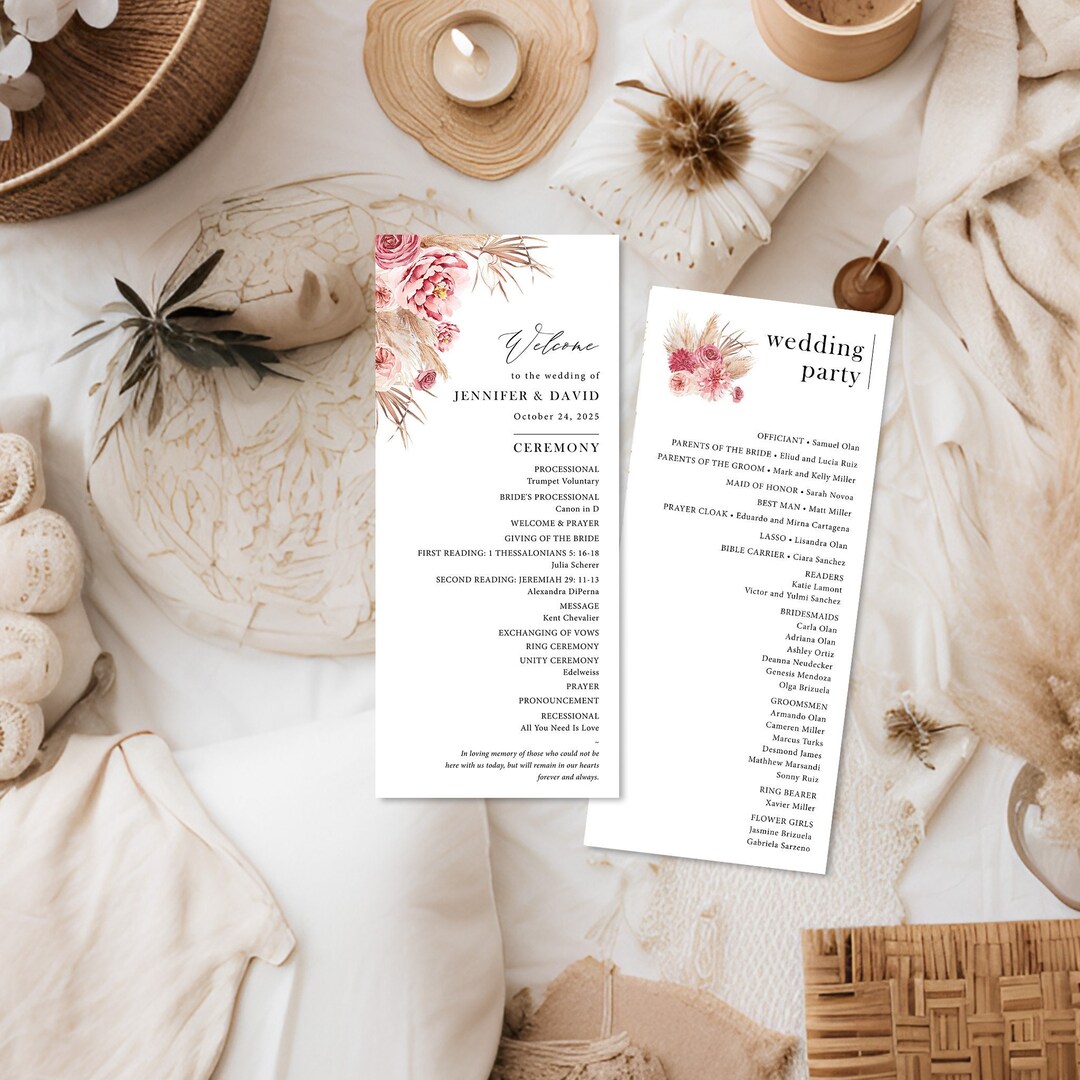 Boho Wedding Program Template Pampas Grass Ceremony Program Card ...