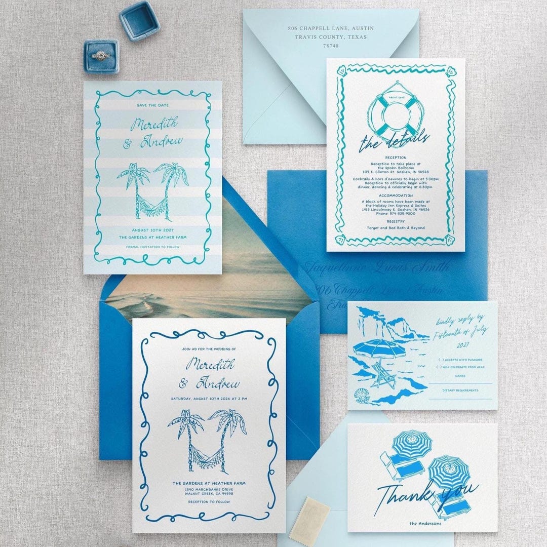 Tropical Beach Wedding Invitation Suite: Hand-drawn Coastal Theme ...