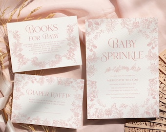 Puede incluir: Un conjunto de invitaciones y tarjetas para baby shower con un diseño floral en rosa. Las tarjetas incluyen los textos "Books for Baby", "Baby Sprinkle" y "Diaper Raffle". Las invitaciones están sobre un fondo rosa claro.