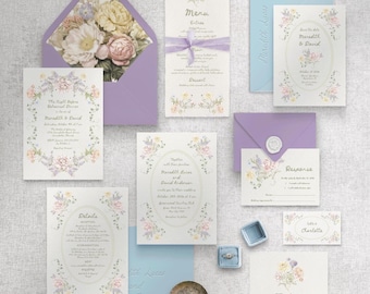 Pastel Floral Wedding Invitation Suite, Vintage Wildflower Garden party Bundle, Digital Template