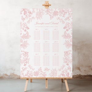 May include: A rectangular wedding seating chart sign on a wooden easel featuring a white background with dusty pink botanical illustrations along the borders. The text reads Jennifer and David, San Francisco, California, April 10, 2025, and table lists.