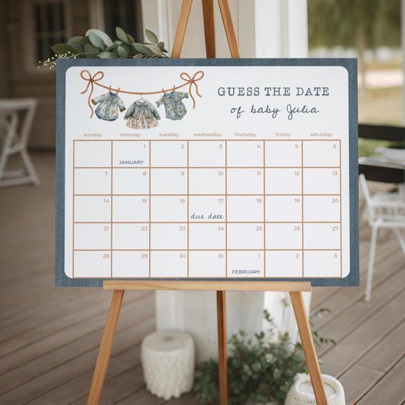 Girl Denim Pregnancy Due Date Game Calendar | Blue Jean Baby Shower Clothesline Western Style Guess The Date Sign Template