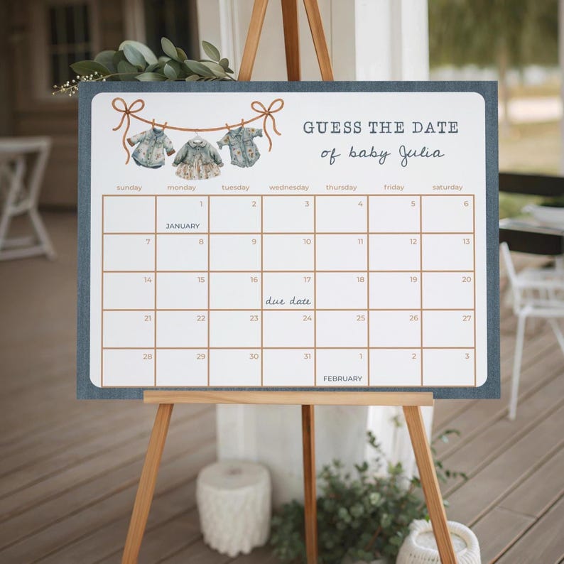 A vertical baby shower due date calendar game poster template card displaying custom text inside a blue striped border decorated with a watercolor clothesline.