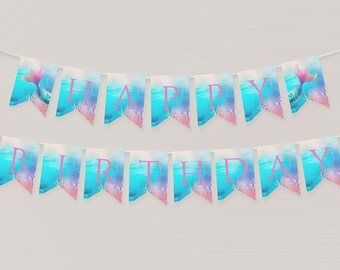 Mermaid birthday banner Girl under the sea birthday decor, Editable bunting flags Happy birthday garland Little mermaid party decoration