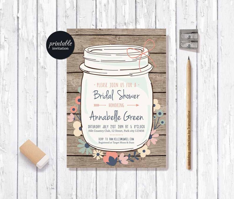 Rustic Bridal Shower Invitation Printable Mason Jar Image 0