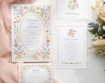 Antique Floral Frame Pastel Wedding Invitation Suite | Vintage Pink Lavender Yellow Wildflower | Love In Bloom Garden Corjl Digital File