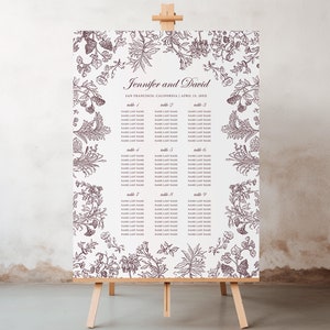 Tafelplattegrond toile vintage paarse bloemen vintage tafelschikking tafel regentschap klassiek bruiloft bord Frans chinoiserie bruiloft gastenlijst bord