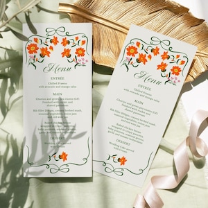 Carte de menu floral orange vert, menu de mariage, décoration de fête d'été, menu baby shower, carte de menu pour baby shower et menu coloré