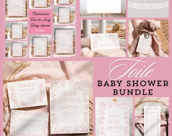 Pink Toile Baby Shower Invitation Bundle, Chinoiserie Floral Decor, Signs & games