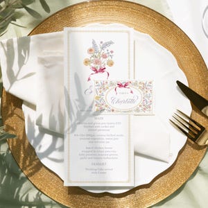 Różowa kokardka Kwiatowe menu i karta z miejscami dzikie kwiaty menu weselne, menu na przyjęcie urodzinowe, kwiatowe dekoracje na baby shower, wieczór panieński, menu na chrzest