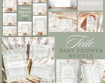 Sage Green Toile Baby Shower Invitation Bundle, French Chinoiserie Decor, Signs & Games