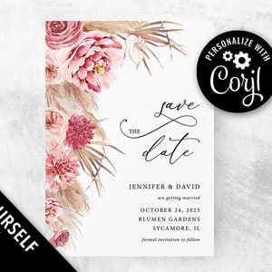 Pampas wedding invitation boho tropical wedding invite printable, Spring summer pink floral Beach wedding invitation suite image 4