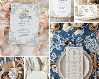 Bridal Shower Tea Party Invitation Bundle: Dusty Blue Chinoiserie Toile Garden Decor, Digital Template