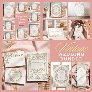 May include: A collection of wedding stationery and signage featuring ornate gold and pastel floral borders. The set includes various cards, table numbers, menus, and tags with elegant typography, showcasing designs for RSVP, thank you, and guest seating.
