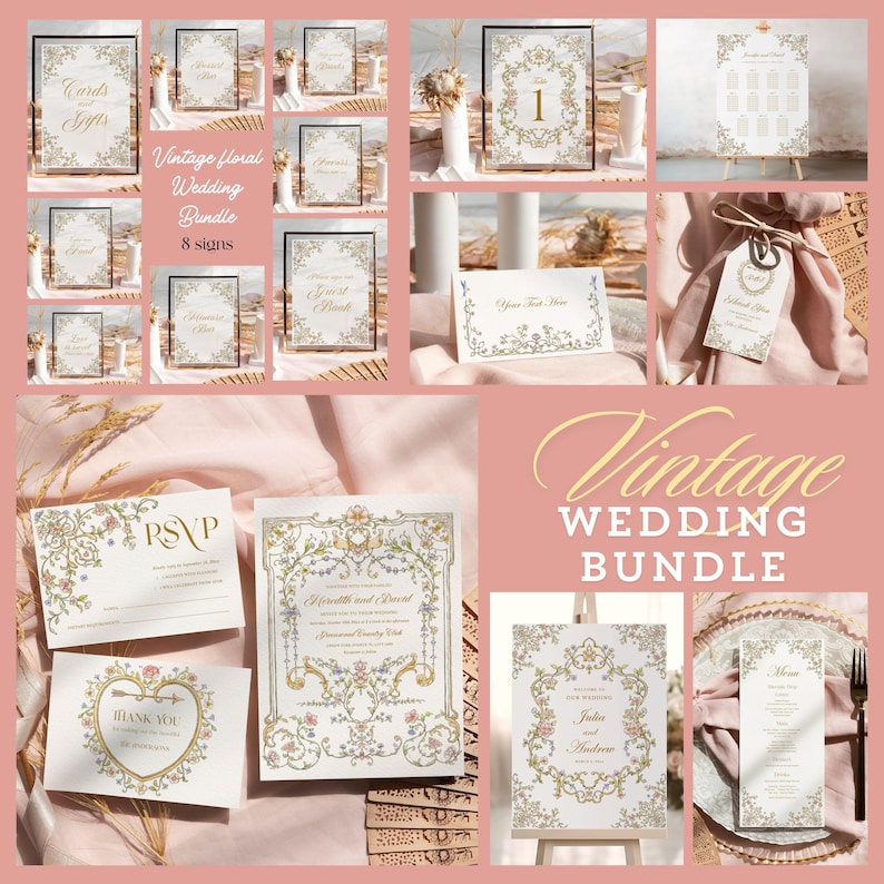 May include: A collection of wedding stationery and signage featuring ornate gold and pastel floral borders. The set includes various cards, table numbers, menus, and tags with elegant typography, showcasing designs for RSVP, thank you, and guest seating.