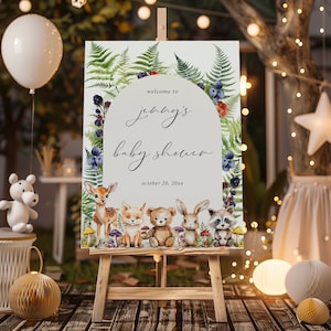 Woodland baby shower welcome sign Forest animals Sign Editable template, Neutral Girl Boy baby shower decor