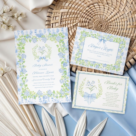 Vintage Floral Baby Shower Invitation Template: Green Blue Grandmillennial Garden Party Editable Set