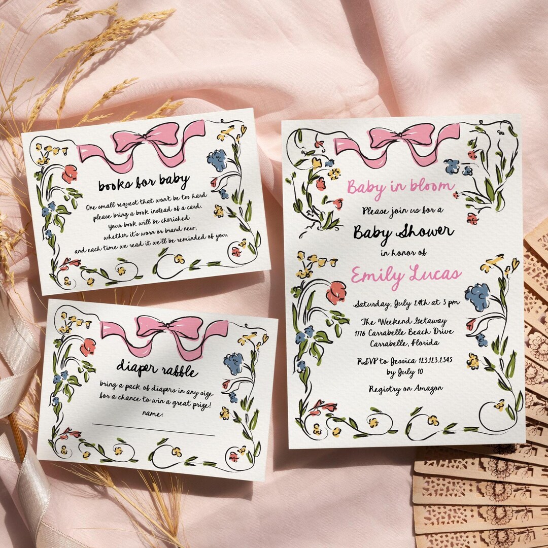 Pink Bow Floral Baby Shower Invitation Girl Hand Drawn Whimsical Garden ...