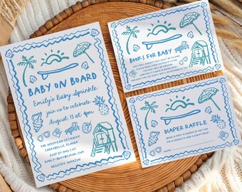 Hand-drawn Baby on Board Sprinkle Invitation, Coastal Surfing Beach Pool Party Template